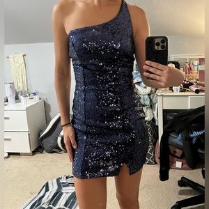 One Shoulder Navy Blue Sequin Homecoming Dress
